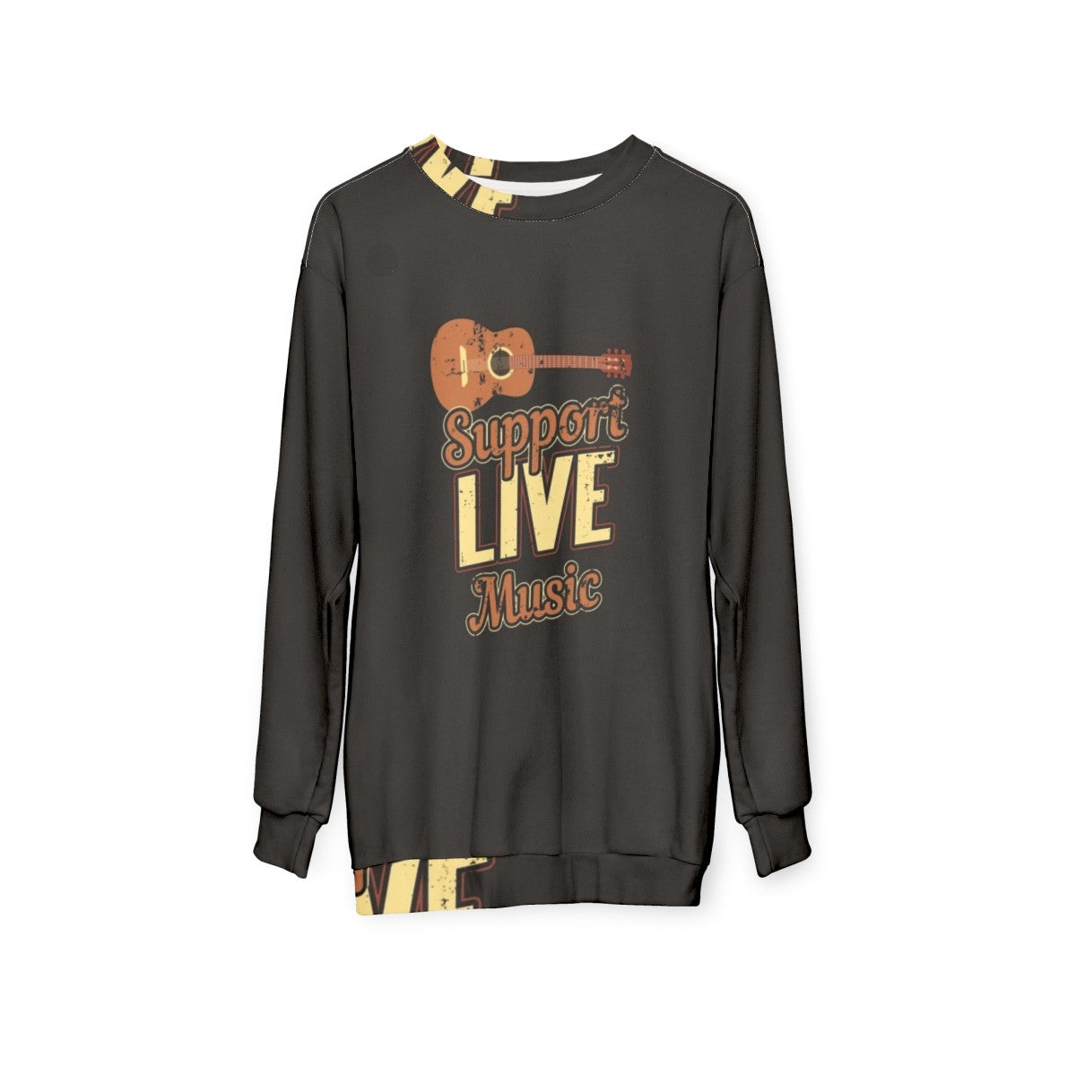 Live music lover wearing a retro-style sweatshirt with an indie band design - hanging