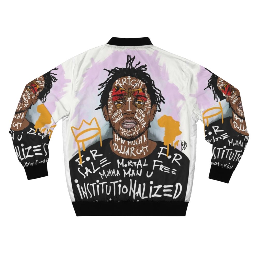 Kendrick Lamar inspired bomber jacket featuring graphic design elements and urban streetwear style. - Back