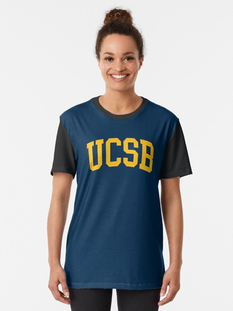 UCSB - Santa Barbara Gauchos Graphic T-Shirt with a curved font design in yellow and navy colors - Women