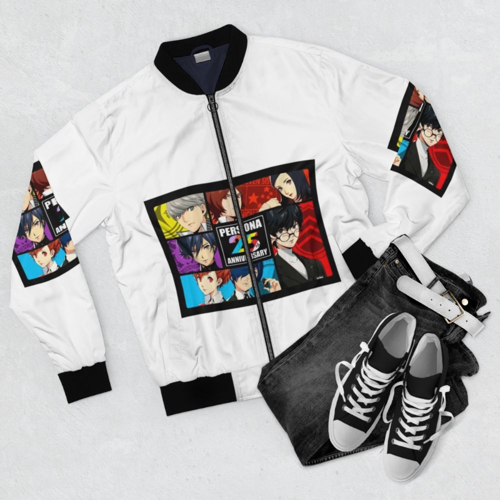 Persona Anniversary Bomber Jacket with Persona-themed design and graphics - Flat lay