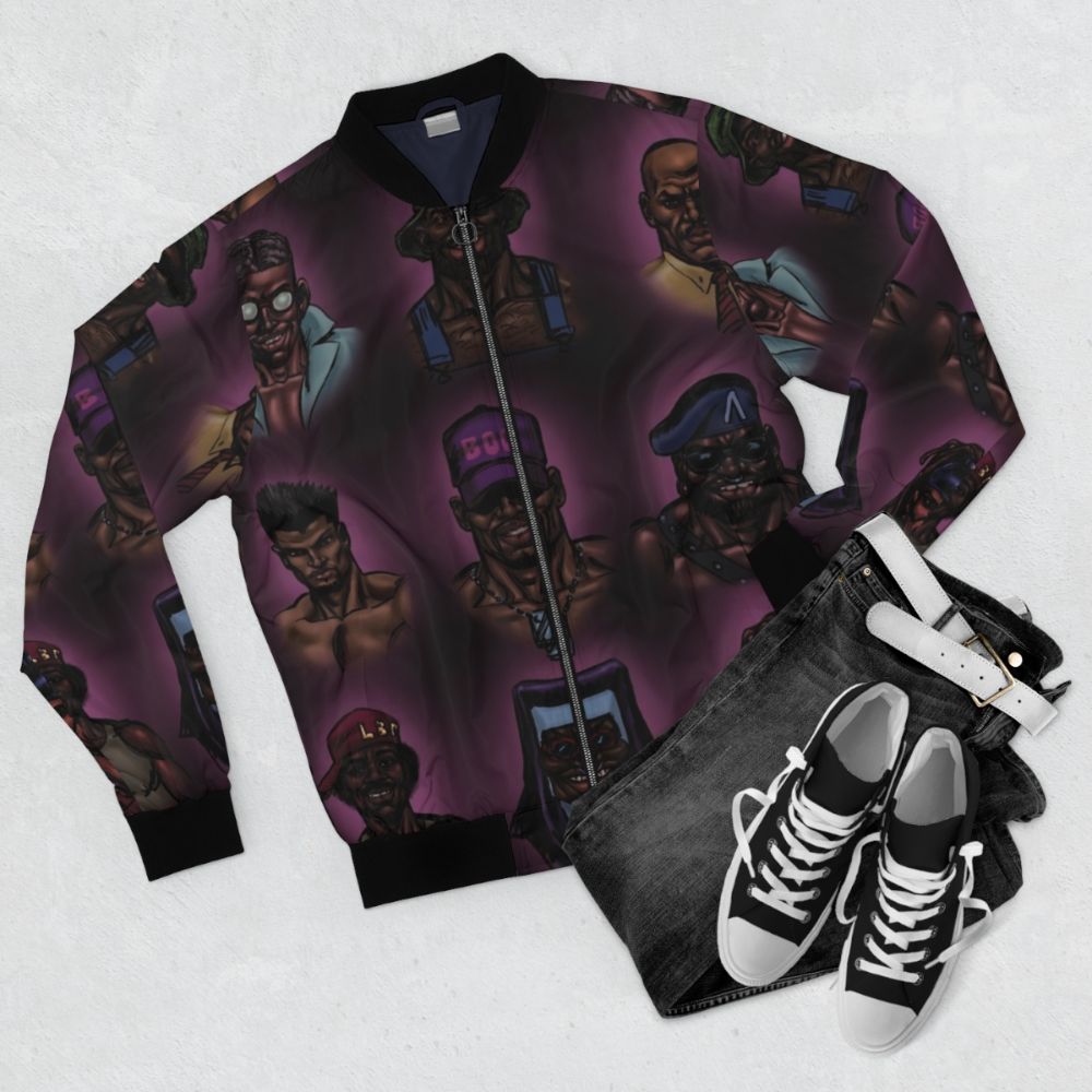 African American comic art design on a bomber jacket - Flat lay