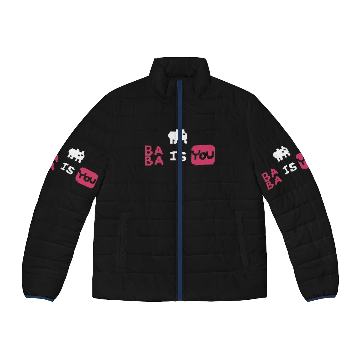 Baba Is You pixel art puffer jacket featuring the iconic game characters