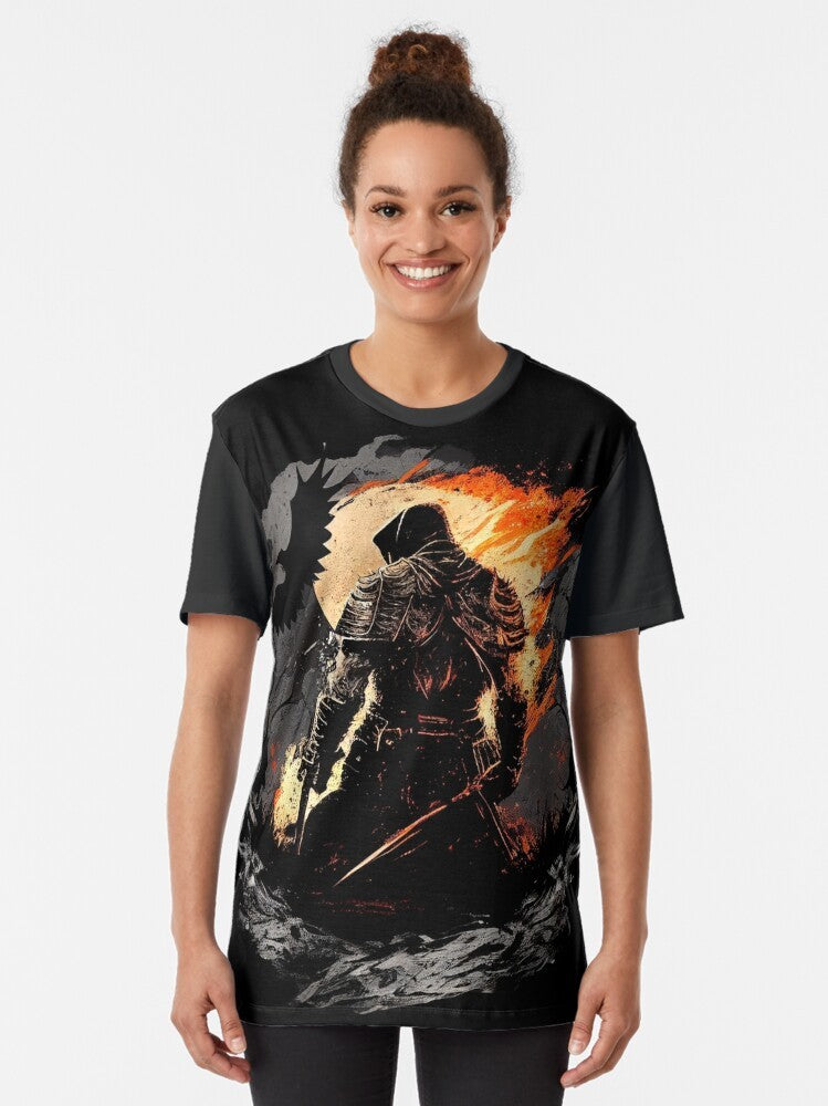 Dark Souls Melancholy Graphic T-Shirt featuring a melancholic design with elements from the Soulsborne series by FromSoftware. - Women