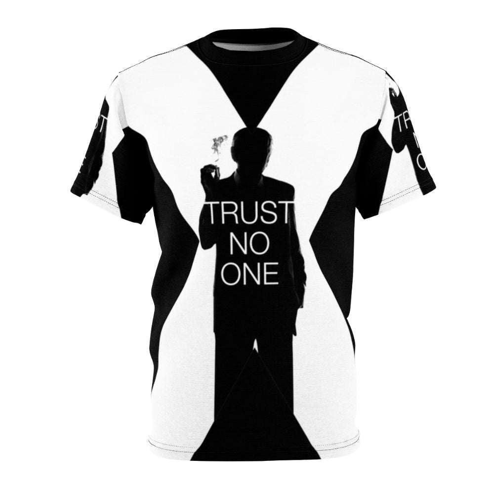 An X-Files inspired t-shirt design featuring the phrase "Trust No One" and imagery from the popular paranormal TV show.