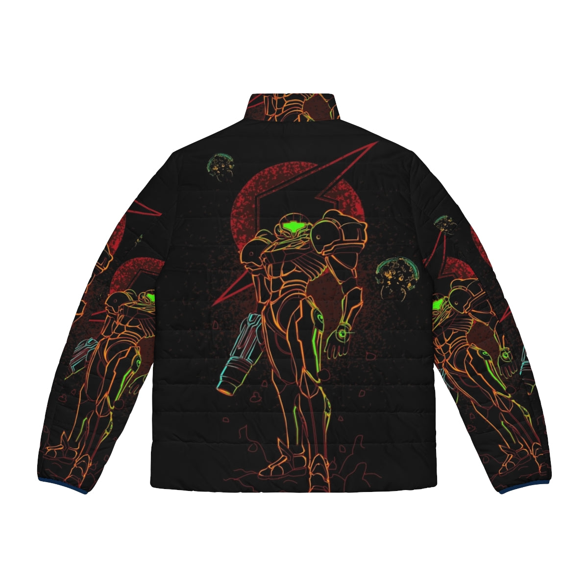 Metroid-inspired bounty hunter puffer jacket with futuristic design - Back