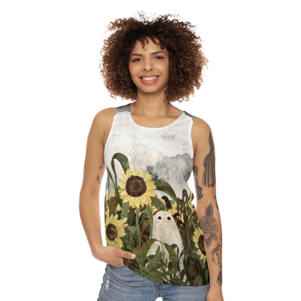 Vintage ghost in a sunflower field unisex tank top - women