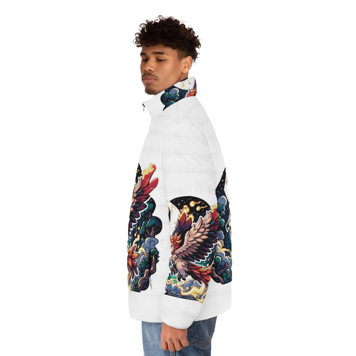 Mythical phoenix and thunderhawk design on a cozy fantasy puffer jacket - men side left