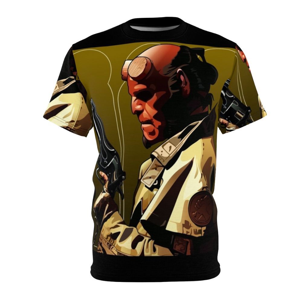 Hellboy-inspired all-over-print t-shirt featuring the iconic demon superhero from the fantasy and horror movie franchise