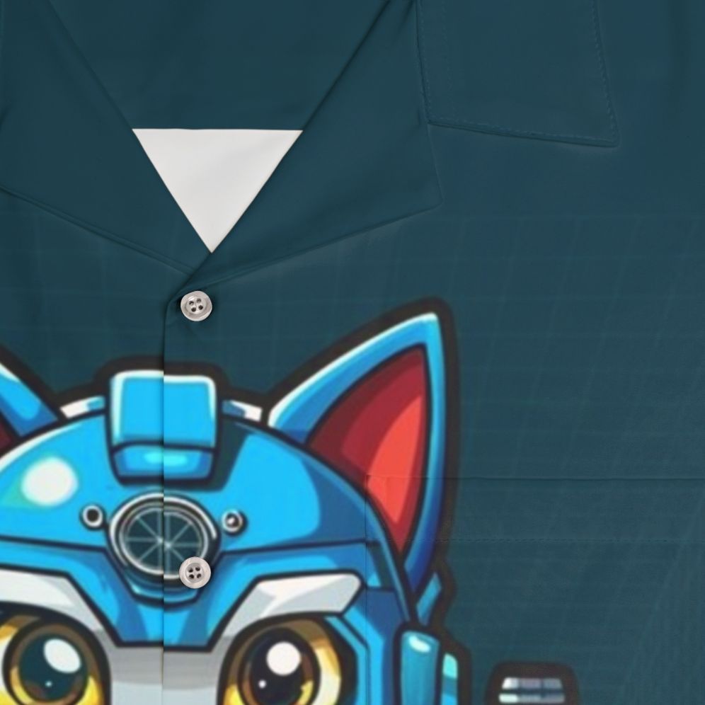 Catocop Futuristic Hawaiian Shirt featuring a crime fighting cat police officer in a sci-fi inspired cartoon design - Detail