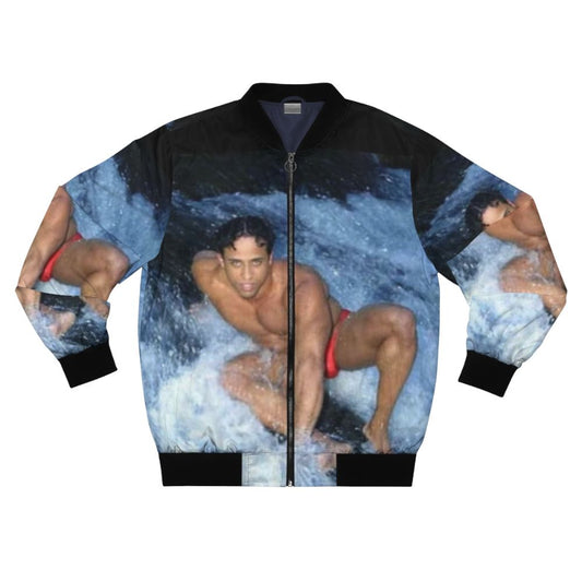 A stylish bomber jacket featuring the iconic Ricardo Milos meme design