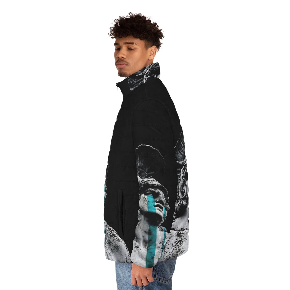 A puffer jacket featuring a digital art collage of a crying ancient Greek soldier in a surreal, black and white setting - men side left