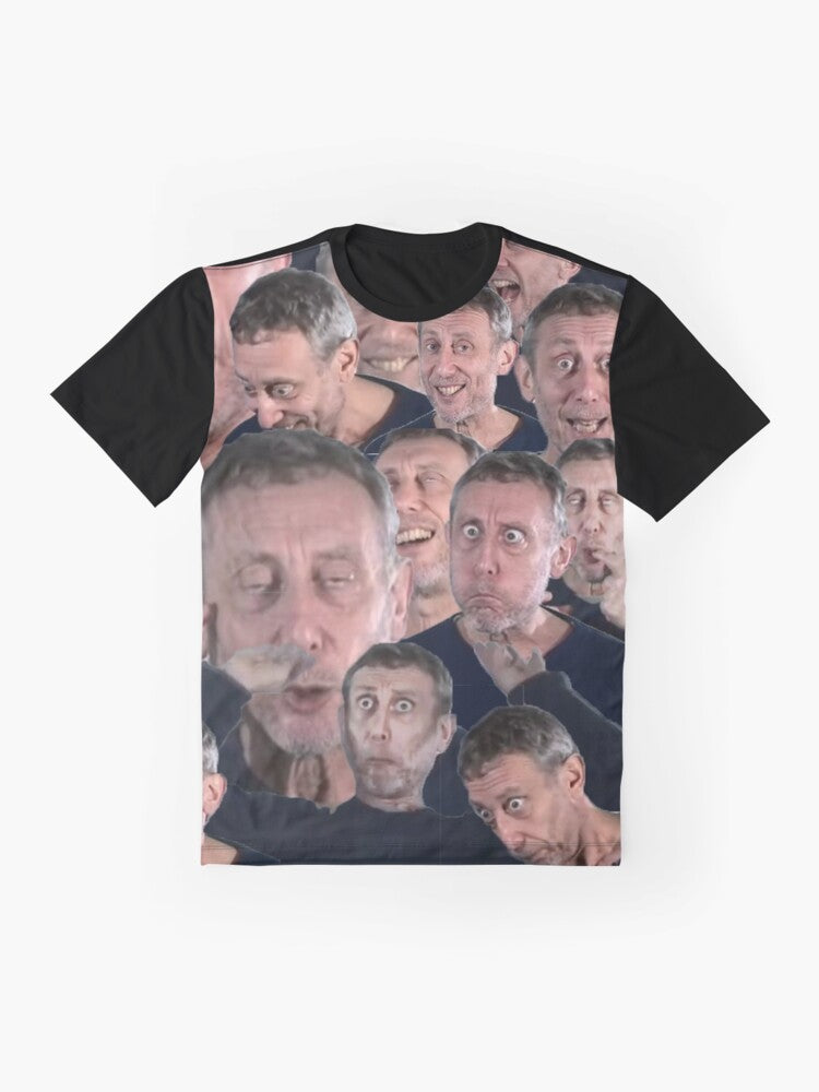 Funny graphic t-shirt featuring Michael Rosen in a silly and humorous YouTube Poop (YTP) style design. - Flat lay