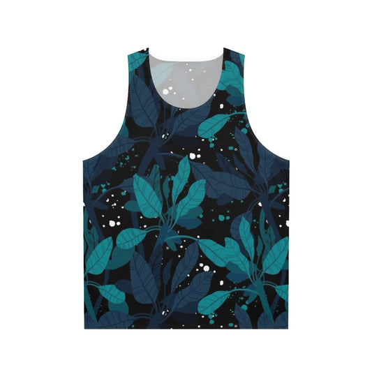 Dark green unisex tank top with tropical design