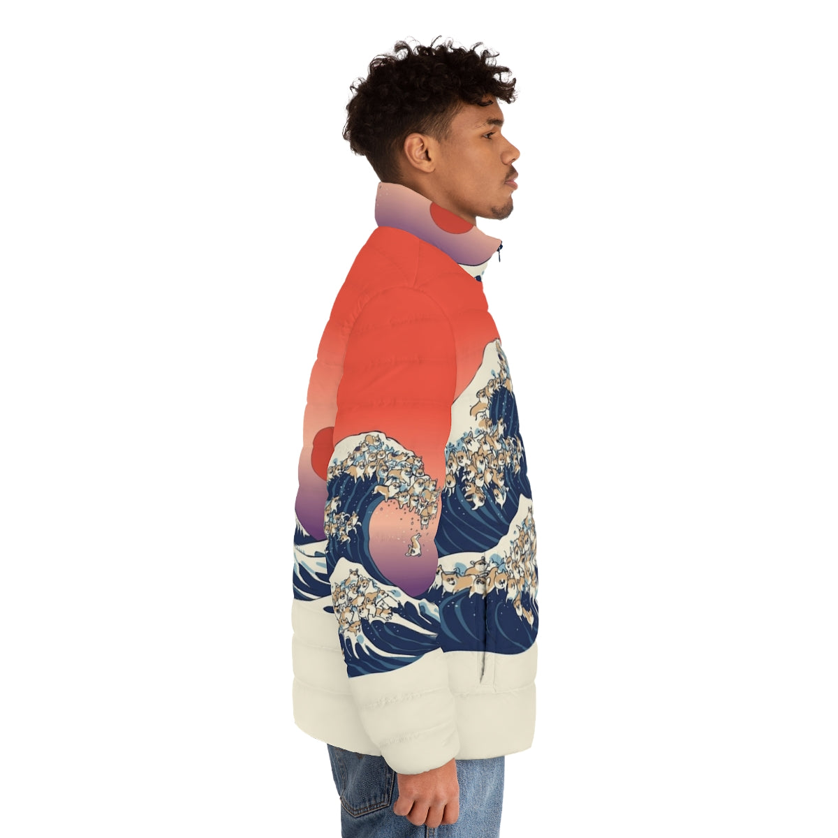 Corgi wearing a puffer jacket with the famous "Great Wave off Kanagawa" design - men side right