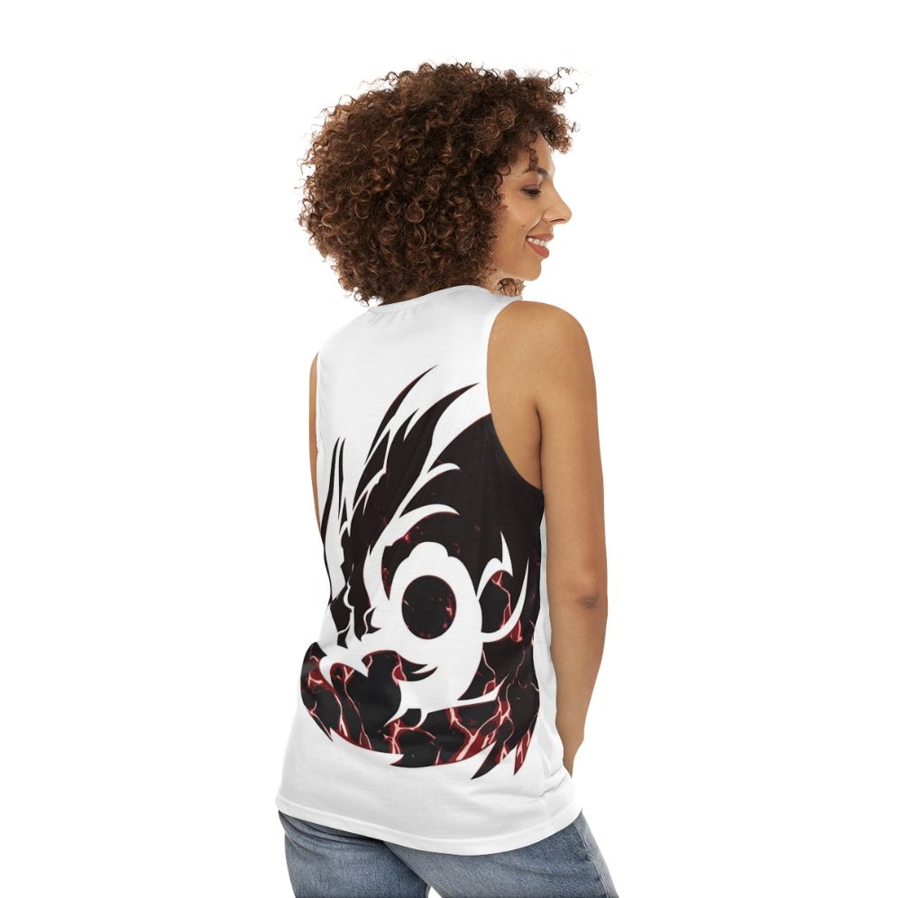 Unisex tank top with black lightning dragon fantasy creature design - women back