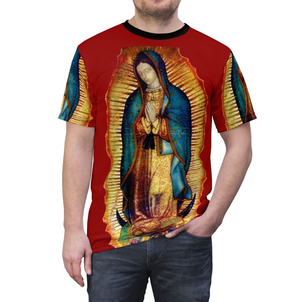 Faithful depiction of the revered Our Lady of Guadalupe icon on a quality AOP t-shirt. - men front