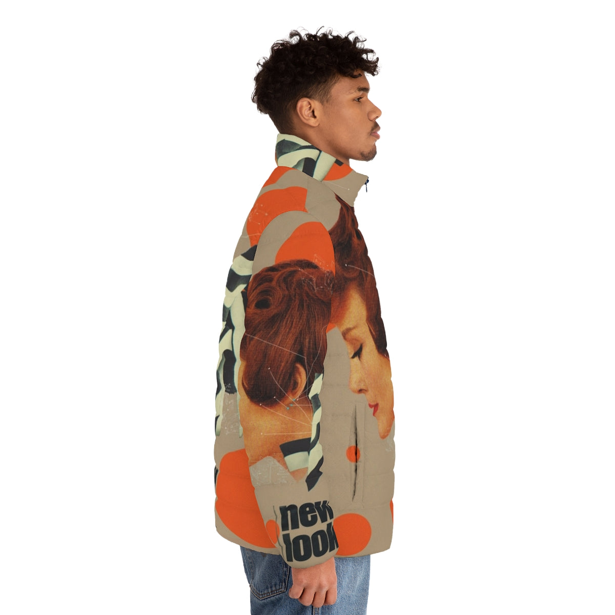 Woman wearing a retro-inspired puffer jacket in orange and black and white geometric design - men side right