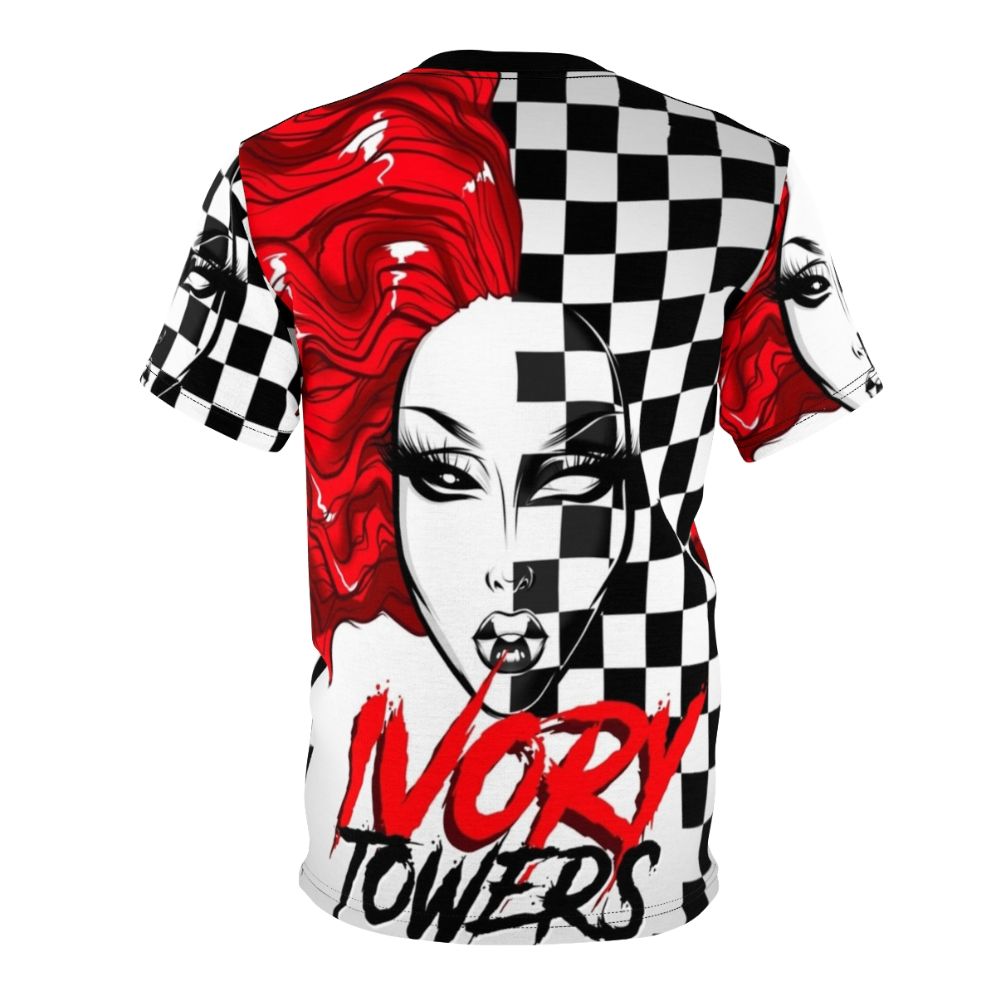 A person wearing a t-shirt with a vibrant checkerboard design and a drag queen graphic. - Back