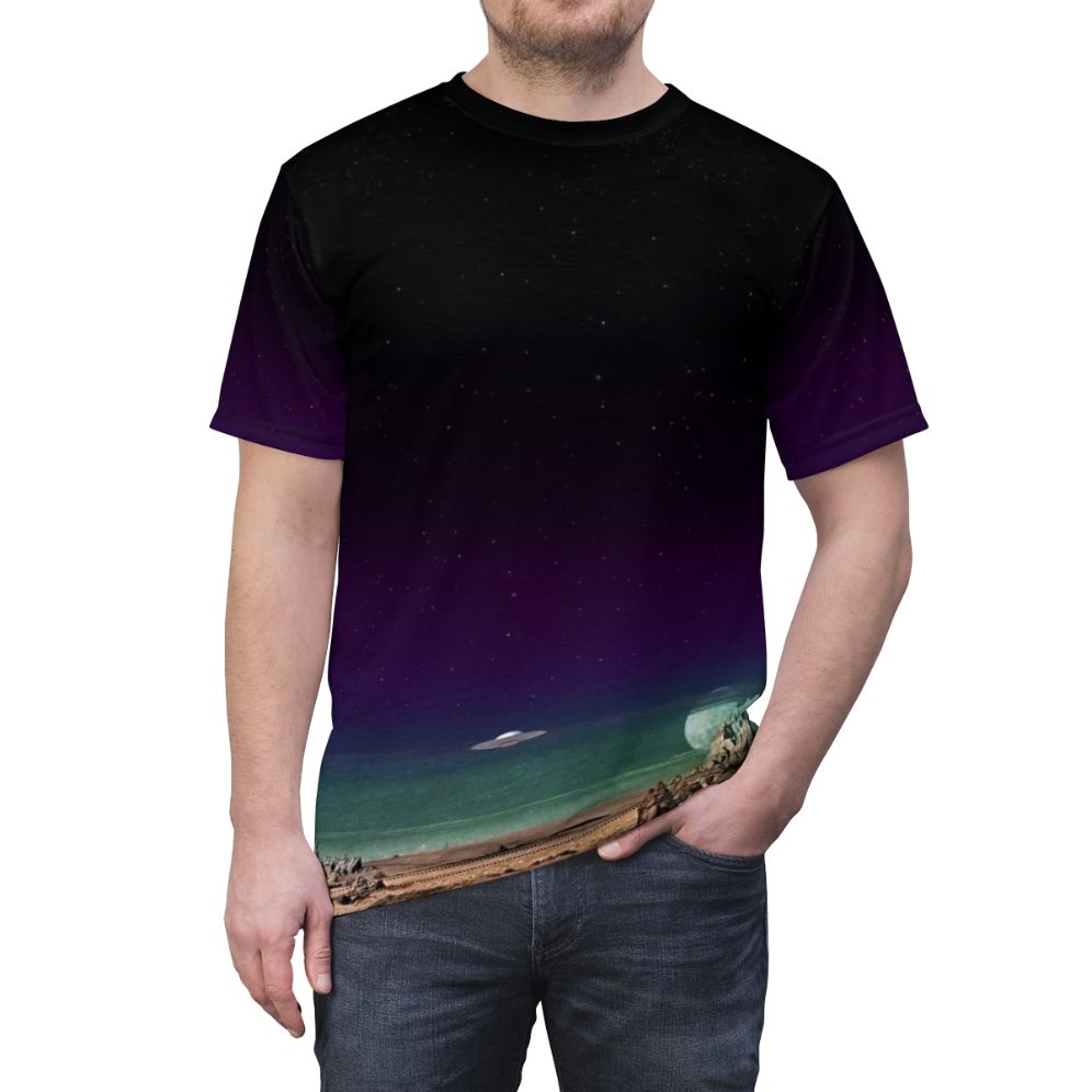 Futuristic sci-fi inspired t-shirt with retro space exploration graphics - men front