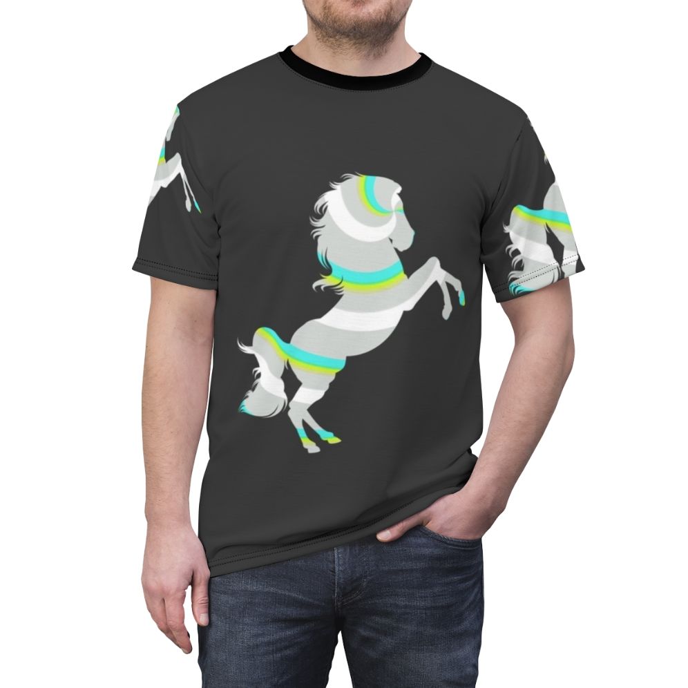 Colorful abstract t-shirt design featuring a horse and other legendary animals - men front