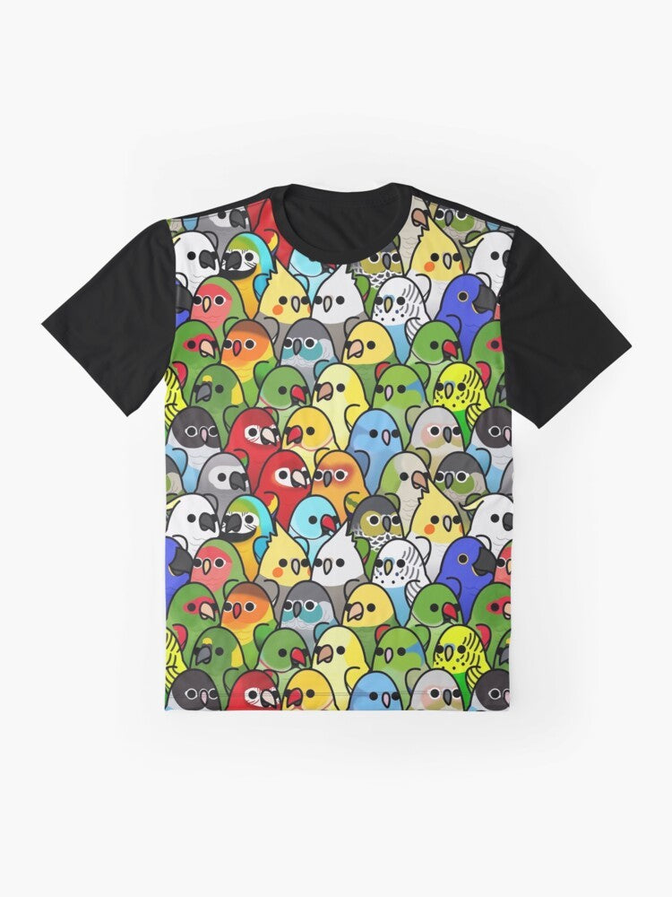 Colorful graphic t-shirt featuring a group of cute birds, including cockatiels, cockatoos, macaws, and more. The text "Too Many Birds!" is prominently displayed. - Flat lay