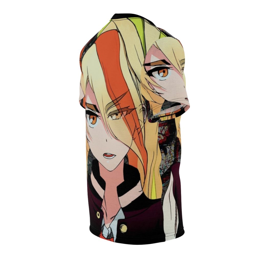 Stylized graffiti art t-shirt featuring the character Nikaidou Saki from the anime series Zombieland Saga - men right