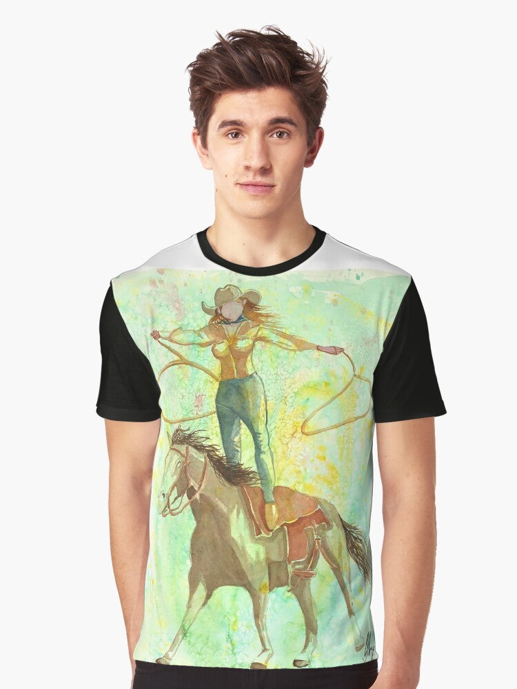 A watercolor-style graphic of a cowgirl trick roping while standing on a horse, with a western art and impressionism design. - Men