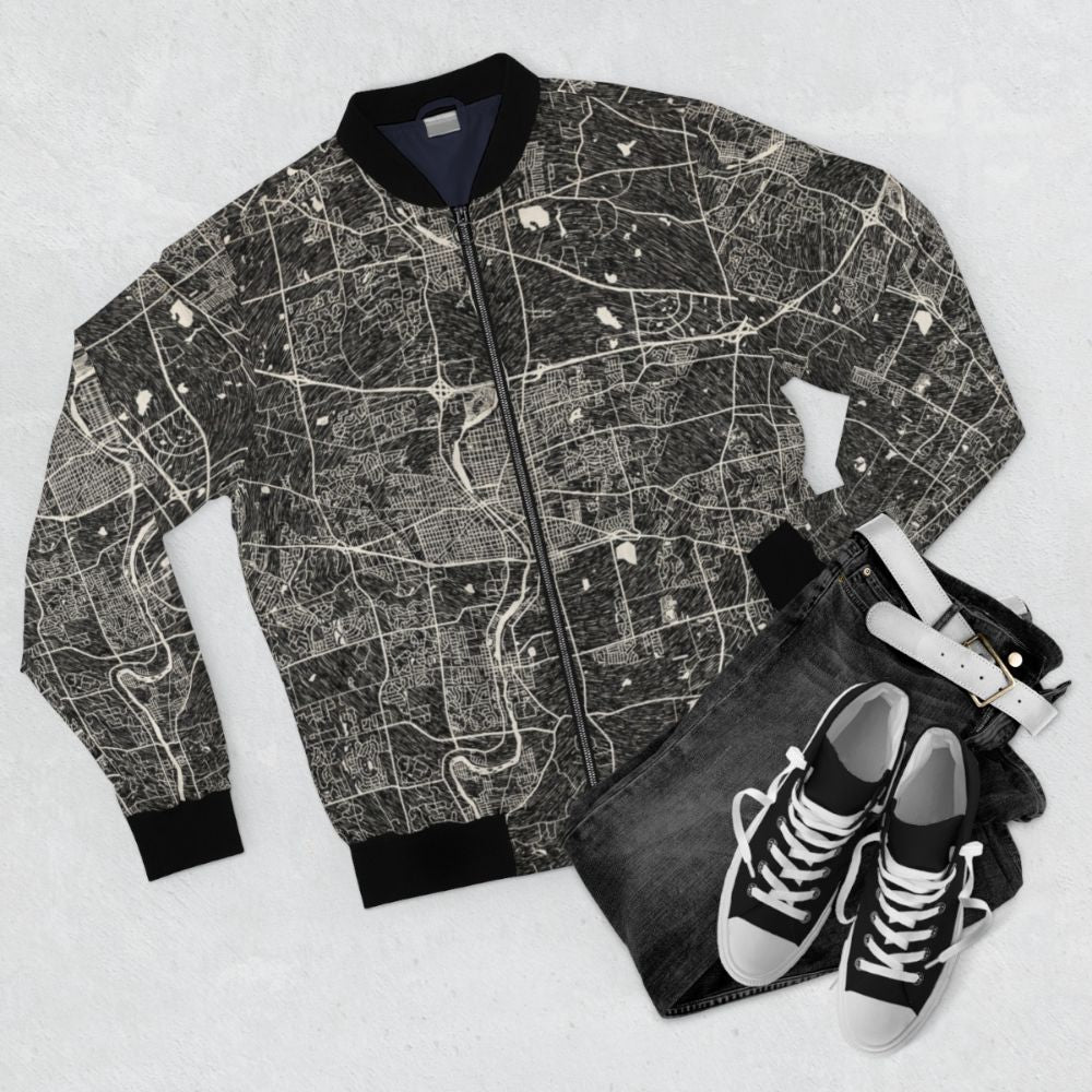 Elgin Illinois map bomber jacket with ink lines and graphic design - Flat lay