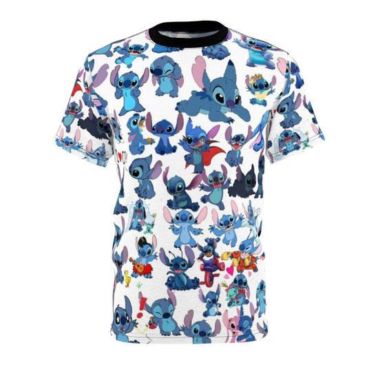 Whimsical t-shirt featuring the iconic blue alien character Stitch from the Disney animated film Lilo and Stitch