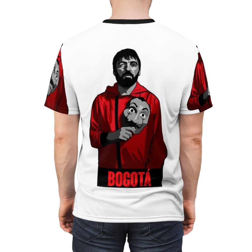 Vibrant Money Heist fan art t-shirt design featuring the show's iconic characters - men back