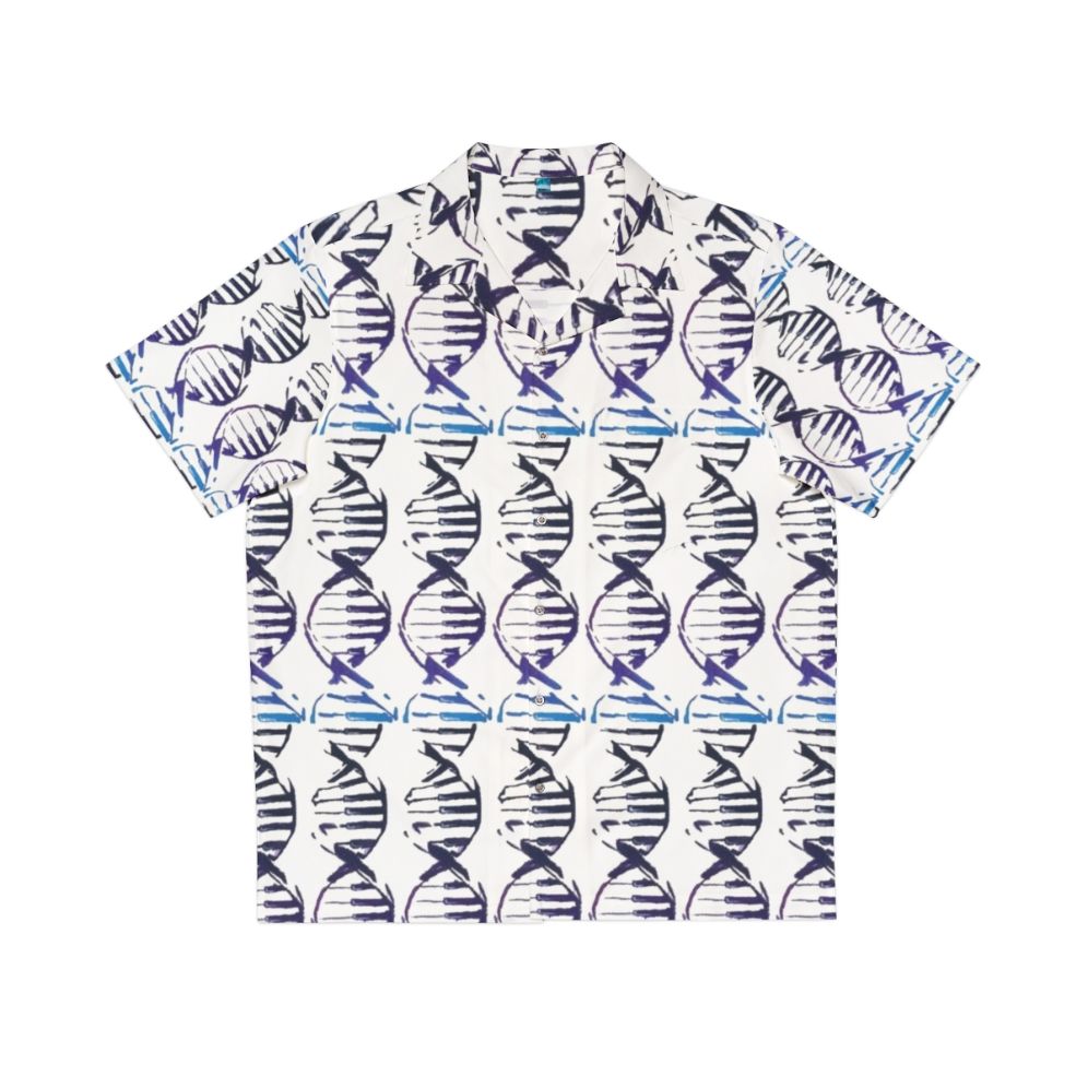 DNA inspired Hawaiian shirt with piano keys and double helix pattern