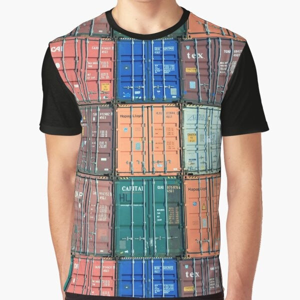 A graphic t-shirt design featuring the phrase "For the Love of Shipping Containers" with shipping containers in the background.