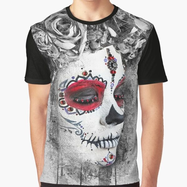 Boho-inspired graphic t-shirt featuring a sugar skull design in watercolor floral wreath