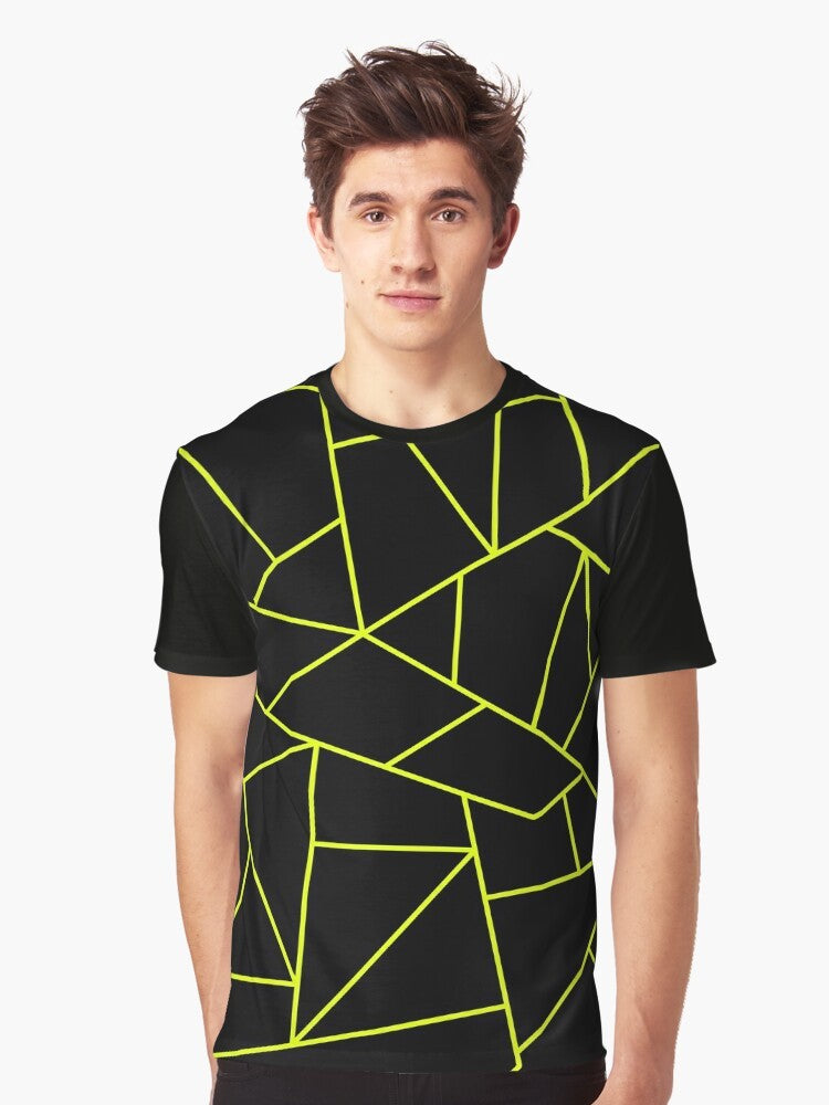 Chartreuse yellow geometric pattern design on a black graphic t-shirt - Men