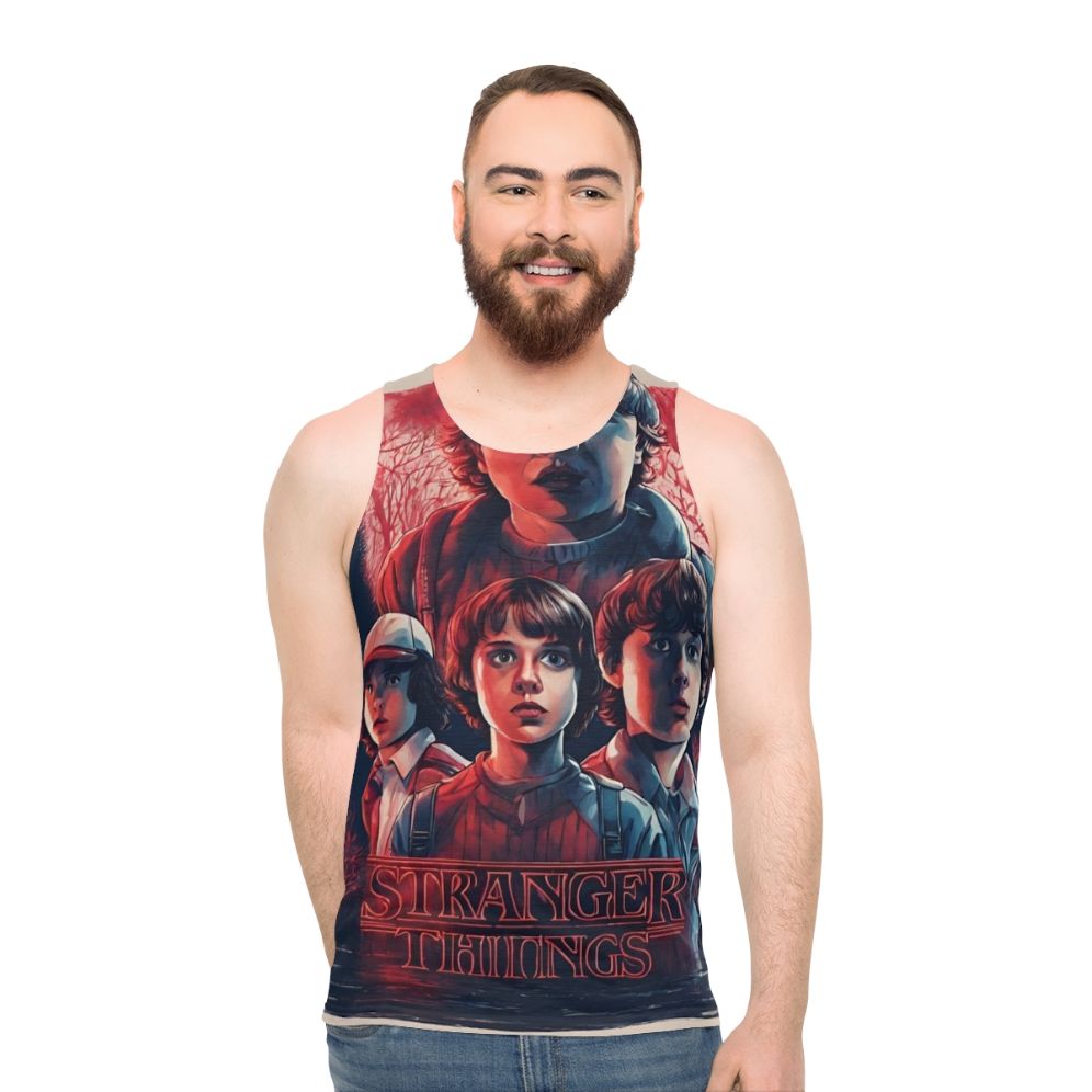 Stranger Things inspired unisex tank top featuring characters and elements from the show - men