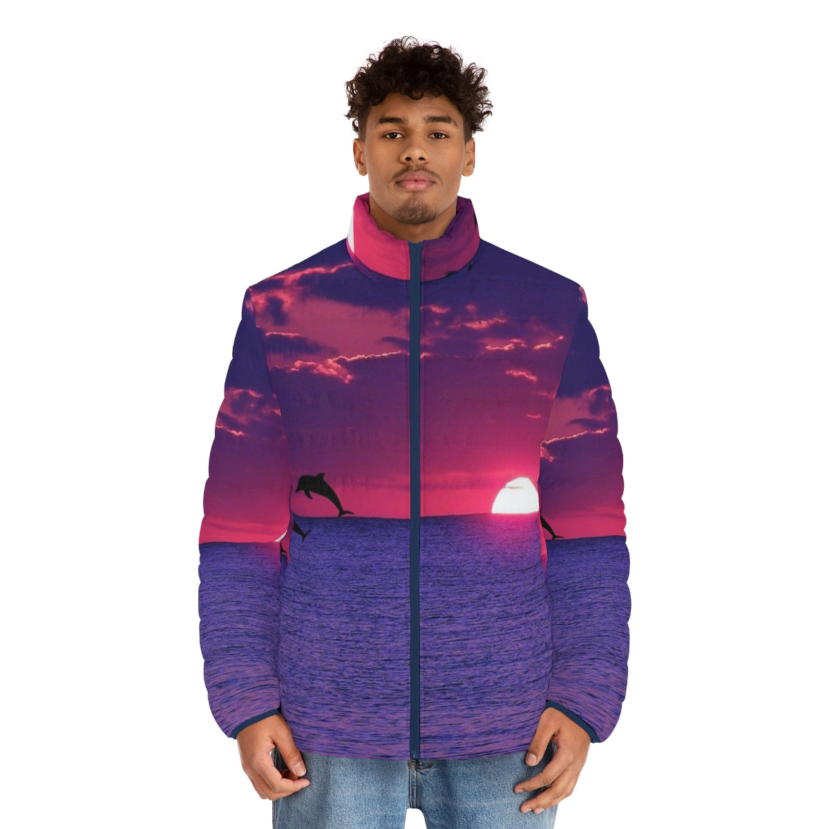 Puffer jacket featuring a beautiful beach sunset with a pink and purple sky and silhouetted dolphins - men front