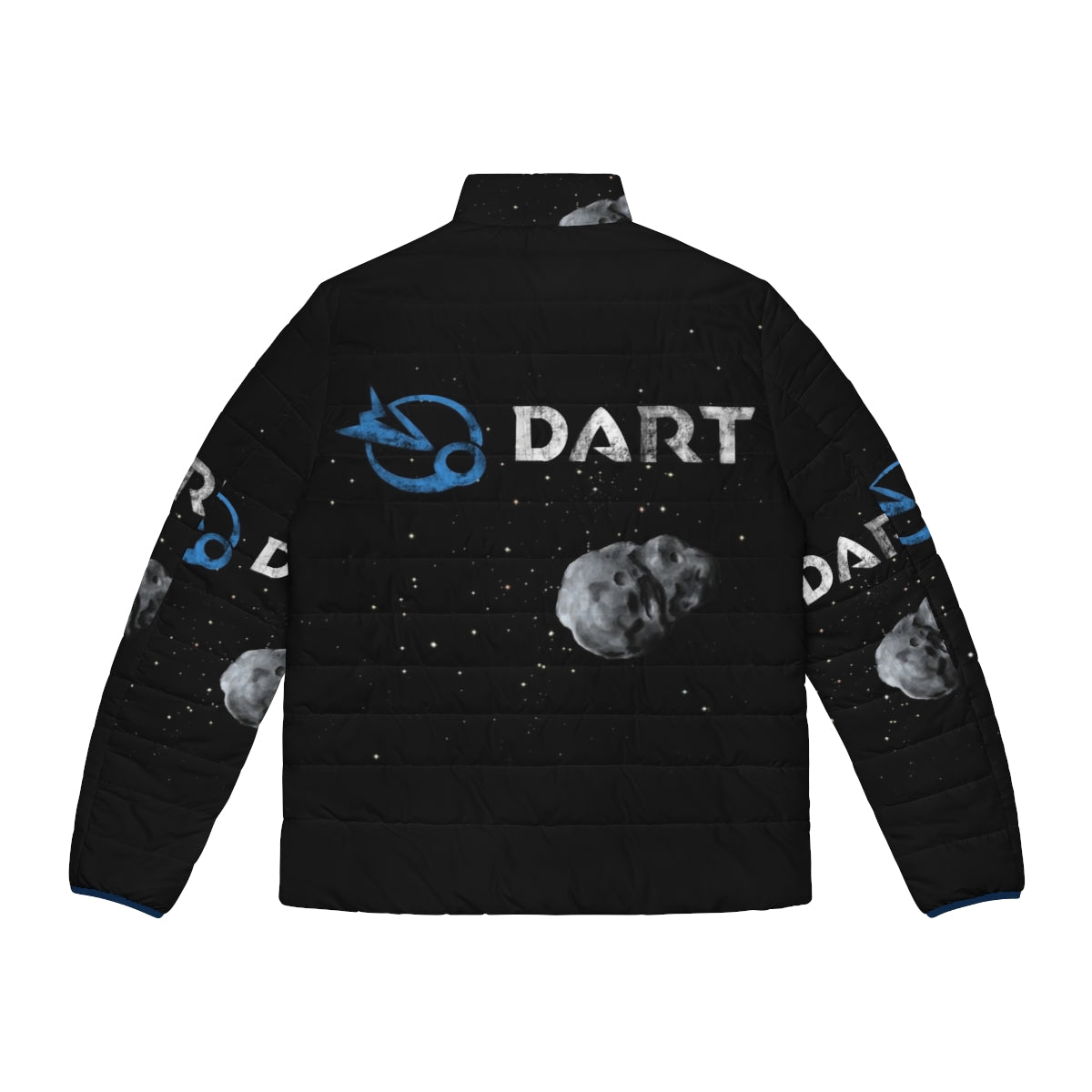 Illustration of Nasa's Dart mission puffer jacket with space and asteroid design - Back