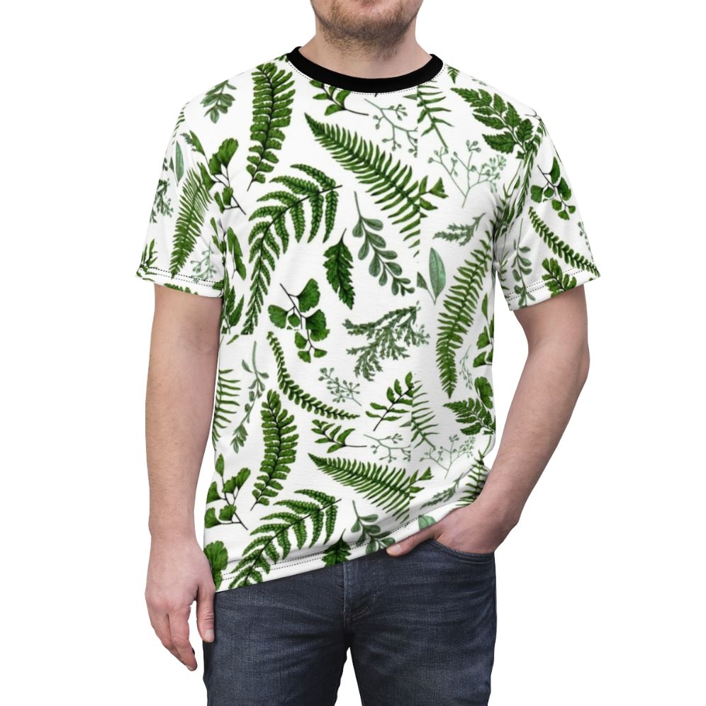 Vibrant green ferns and leaves adorning a high-quality t-shirt for nature enthusiasts. - men front