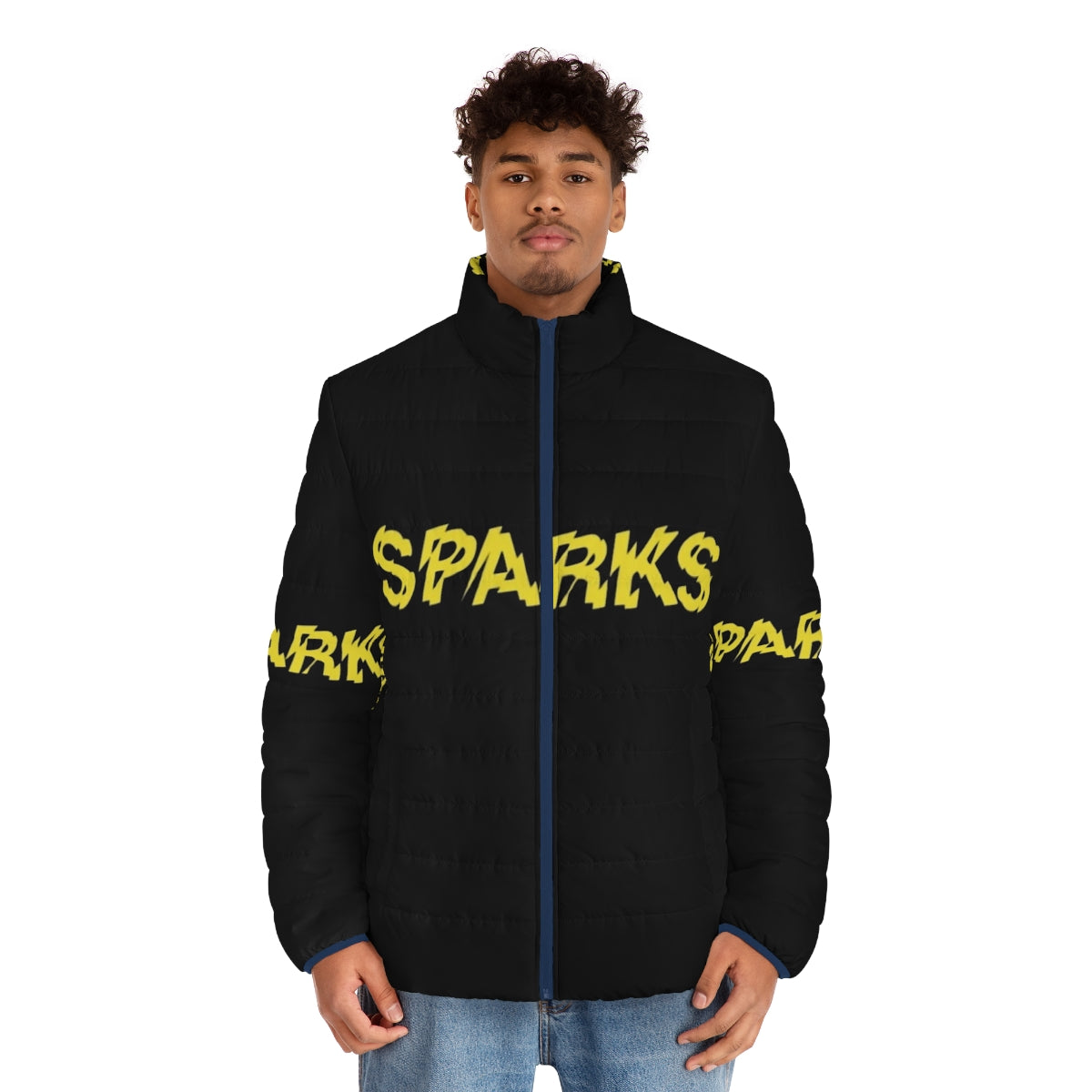 Model wearing the Sparks Puffer Jacket, a stylish and warm winter coat with a synth pop and glam rock inspired design. - men front