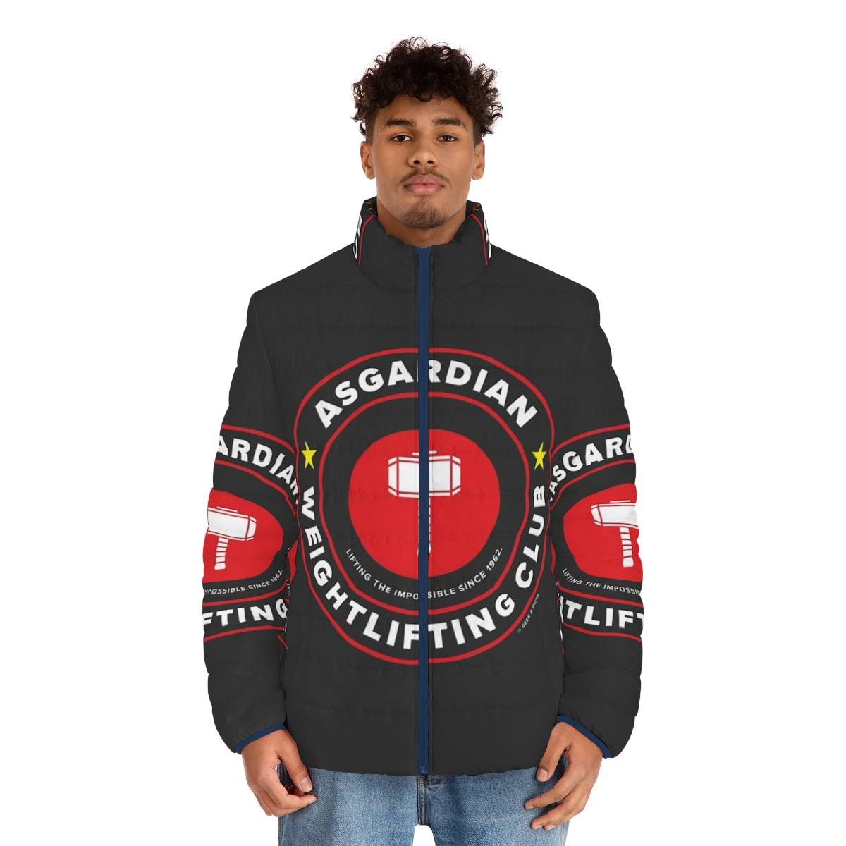 Asgardian Weightlifting Club Superhero Puffer Jacket featuring Marvel and DC inspired design - men front