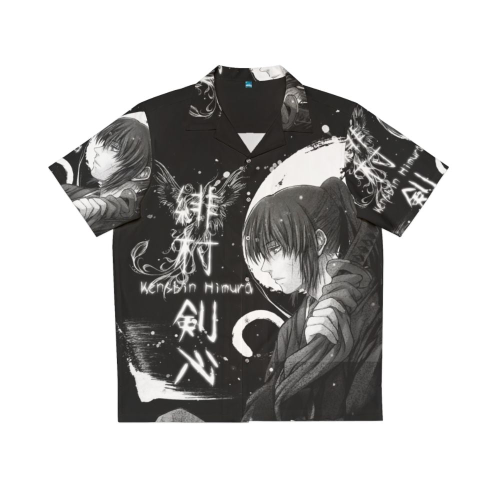 Dark Samurai Hawaiian Shirt with Japanese Kanji and Nature Motifs