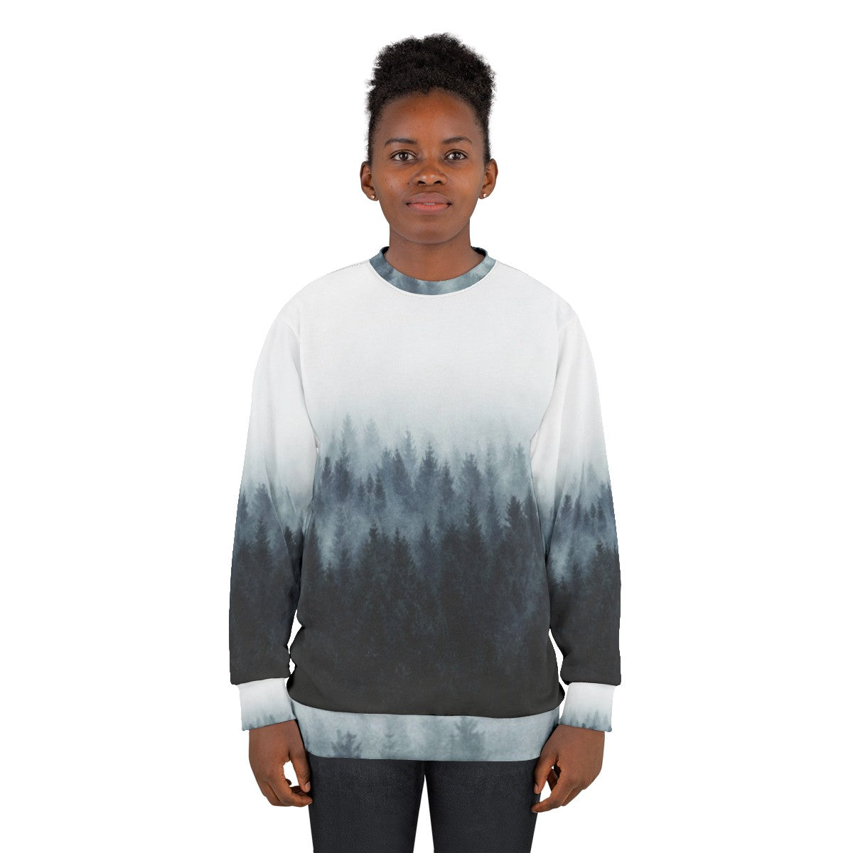 High and Low Sweatshirt with Foggy Forest Design - women