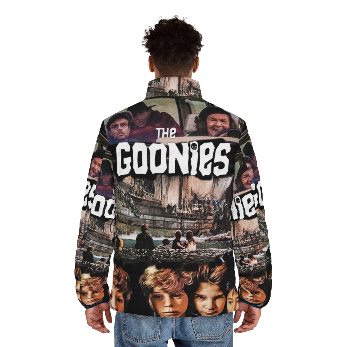 A puffer jacket featuring the iconic logo and imagery from the classic 1980s film The Goonies - men back