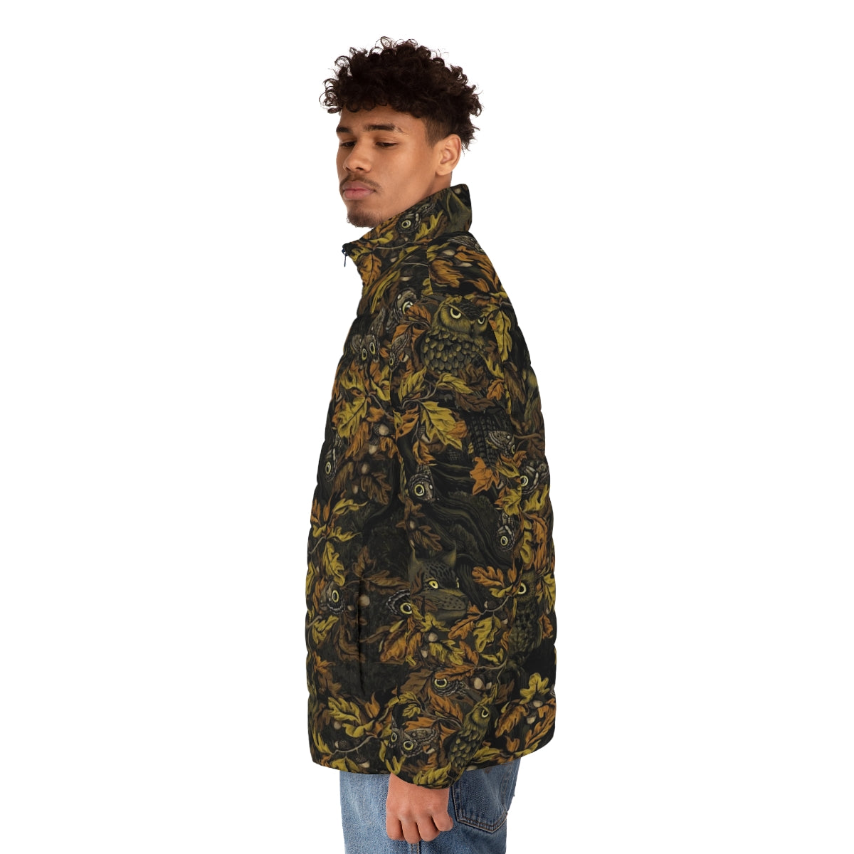 A stylish burnt sienna puffer jacket with a nature-inspired camouflage pattern, perfect for outdoor adventures. - men side left