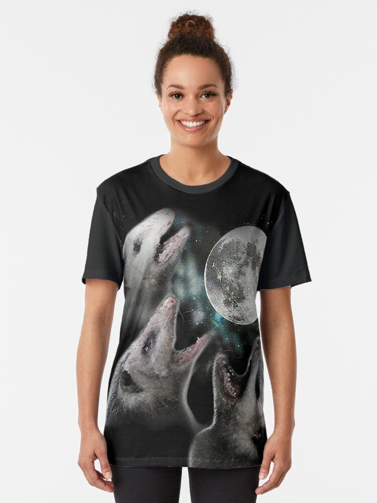 Illustration of a possum howling at the moon on a space-themed graphic t-shirt - Women