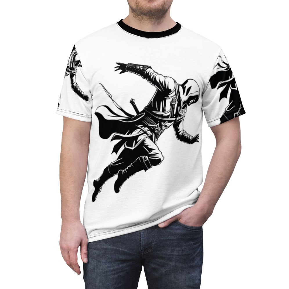 Assassins Creed inspired silhouette design on a high-quality t-shirt for gaming enthusiasts. - men front