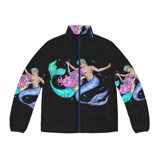 Mermaid-themed puffer jacket with skeleton and witch design, perfect for Halloween