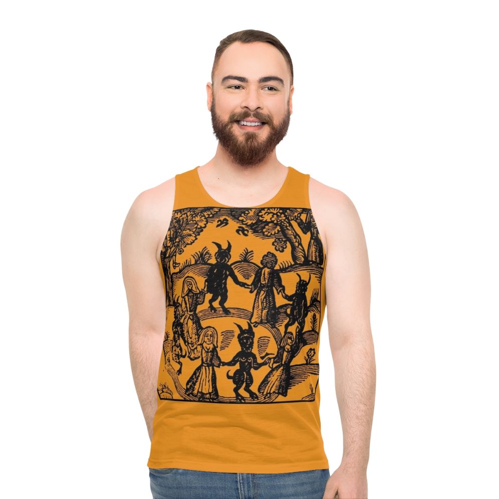 A unisex tank top with a gothic, occult-inspired skeleton dancing design - men