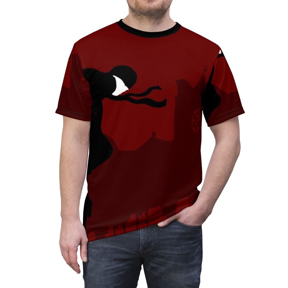 Illustration of a devil-like figure in a Daredevil-inspired minimalist design on a t-shirt - men front