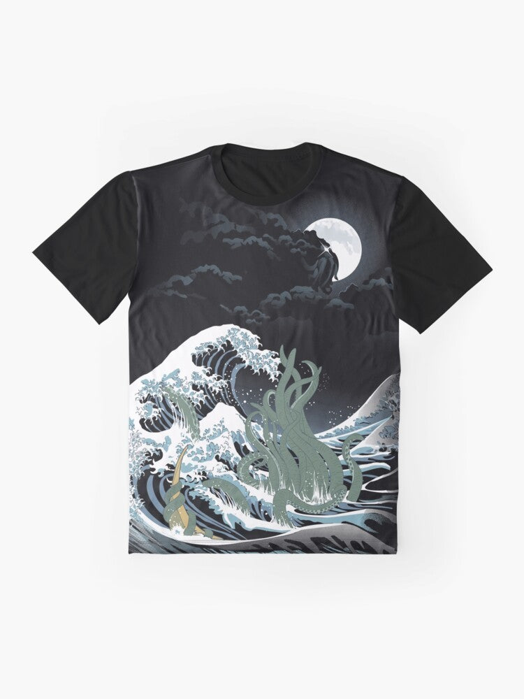 A graphic t-shirt design featuring Cthulhu, the iconic monster from H.P. Lovecraft's horror universe, surrounded by a swirling Japanese-style wave. - Flat lay